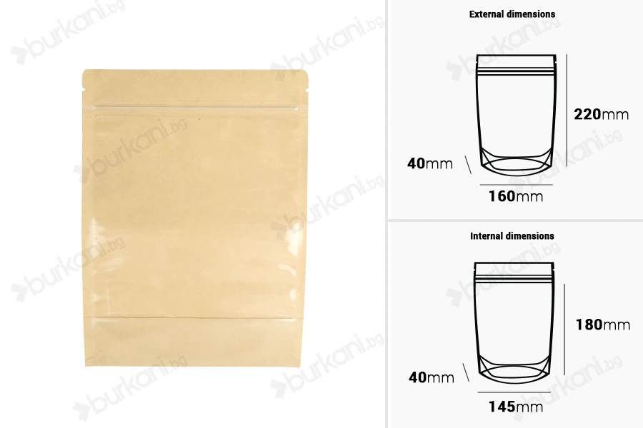 Торбички Doy Pack 160x40x220 мм крафт гръб (14c), прозрачна предна част (8c) със закопчаване "цип" и възможност за запечатване с термозапечатване - 100 бр.-изображение_размери