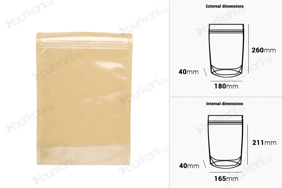 Торбички Doy Pack 180x40x260 мм крафт гръб (14c), прозрачна предна част (8c) със закопчаване "цип" и възможност за запечатване с термозапечатване - 100 бр.-изображение_размери