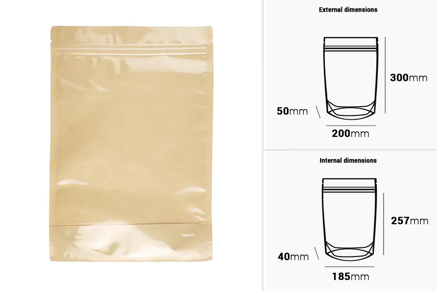 орбички Doy Pack 200x50x300 мм крафт гръб (14c), прозрачна предна част (8c) със закопчаване "цип" и възможност за запечатване с термозапечатване - 100 бр. орбички Doy Pack 200x50x300 мм крафт гръб (14c), прозрачна предна част (8c) със закопчаване "цип" и възможност за запечатване с термозапечатване - 100 бр.