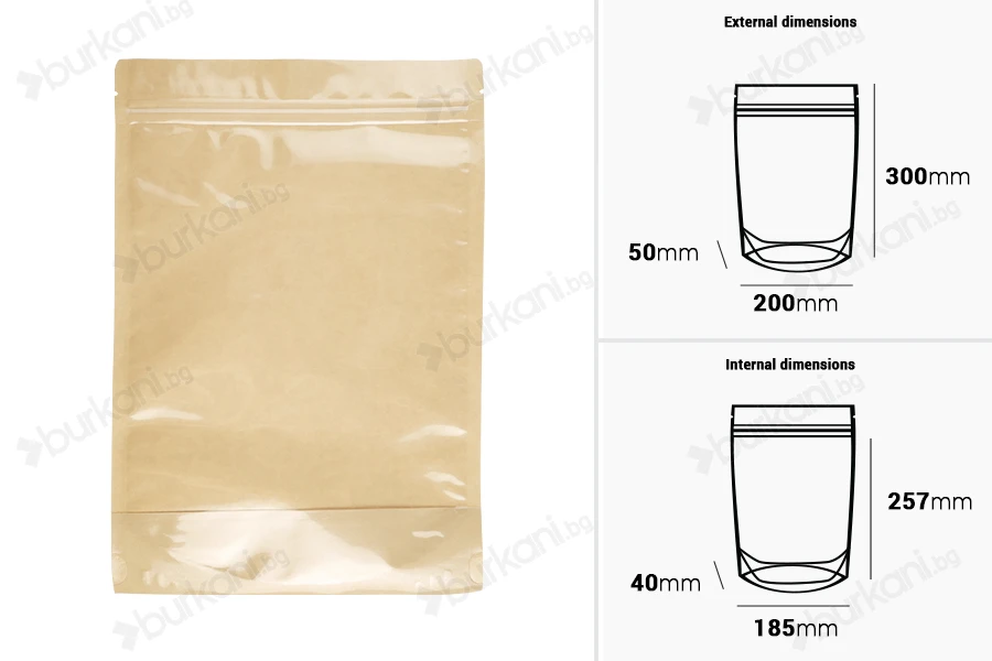 Торбички Doy Pack 200x50x300 мм крафт гръб (14c), прозрачна предна част (8c) със закопчаване "цип" и възможност за запечатване с термозапечатване - 100 бр.-изображение_размери