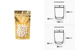 Алуминиеви пликове тип Doy Pack 100x30x180 mm със златиста задна част и  прозрачна предна част с "цип" затваряне и място за термозаваряване - 100 бр.-2