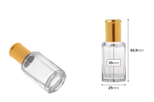 Стъклена шестоъгълна бутилка рол-он 10 мл с метално топче и златиста капачка-изображение_размери