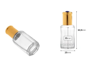 Стъклена прозрачна шестоъгълна бутилка рол-он 10 мл п с метално топче и златиста капачка с декоративен камък-изображение_размери