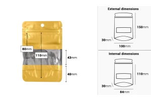 Алуминиеви торбички тип Doy Pack 100x30x150 mm с "цип" затваряне, прозорец и възможност за  термозапечатване  - 100 бр.-изображение_размери