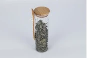 Стъклен буркан 550 мл с размер 65х200 мм, с дървена капачка и дървена лъжичка Стъклен буркан 550 мл с размер 65х200 мм, с дървена капачка и дървена лъжичка